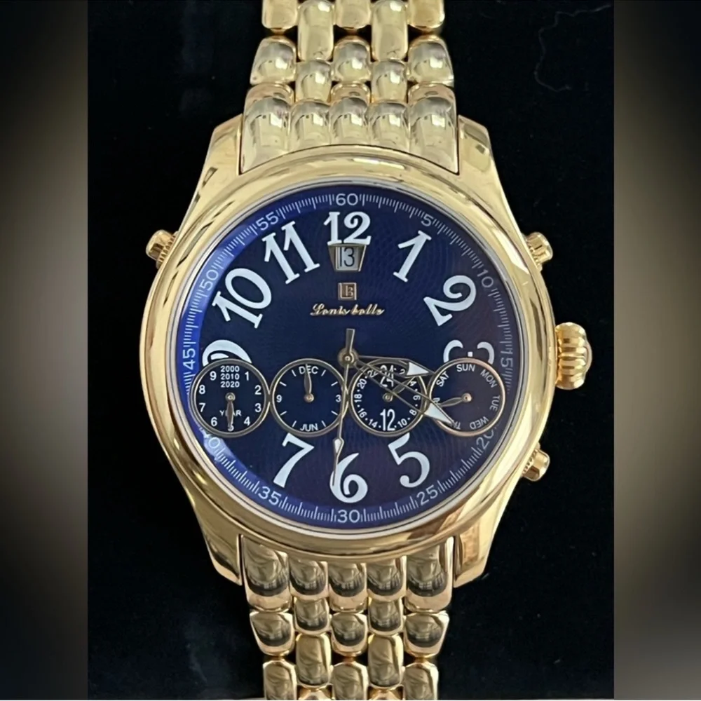 Louis Bolle Men's Automatic Chronograph Style Blue Dial Gold-Tone Weave Bracelet